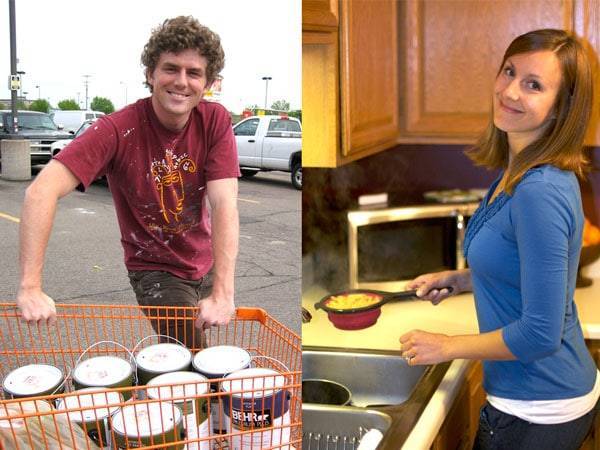 Man with a cart of paint and woman in the kitchen.