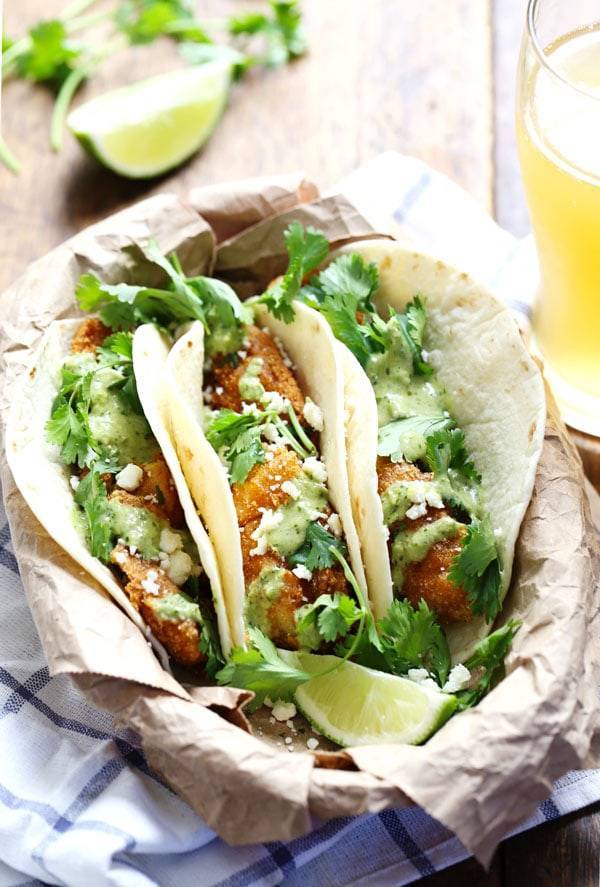 Crispy Fish Tacos with Jalapeño Sauce.