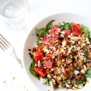 Chopped Watermelon Chicken Salad - blue cheese, watermelon, almonds, spinach, chicken, and a balsamic reduction. Like summer on a plate! 300 calories. | pinchofyum.com