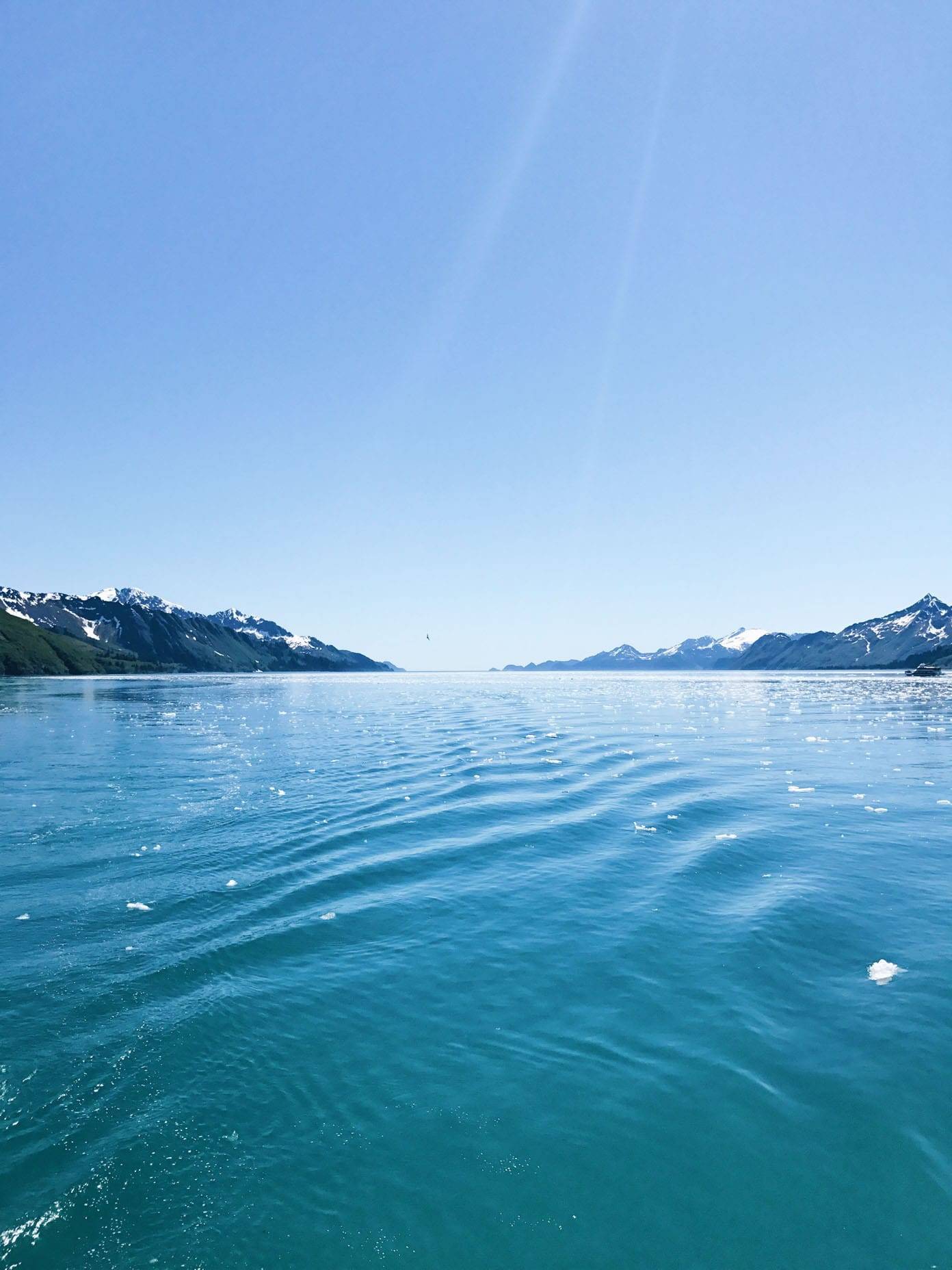 Ocean water and mountains.