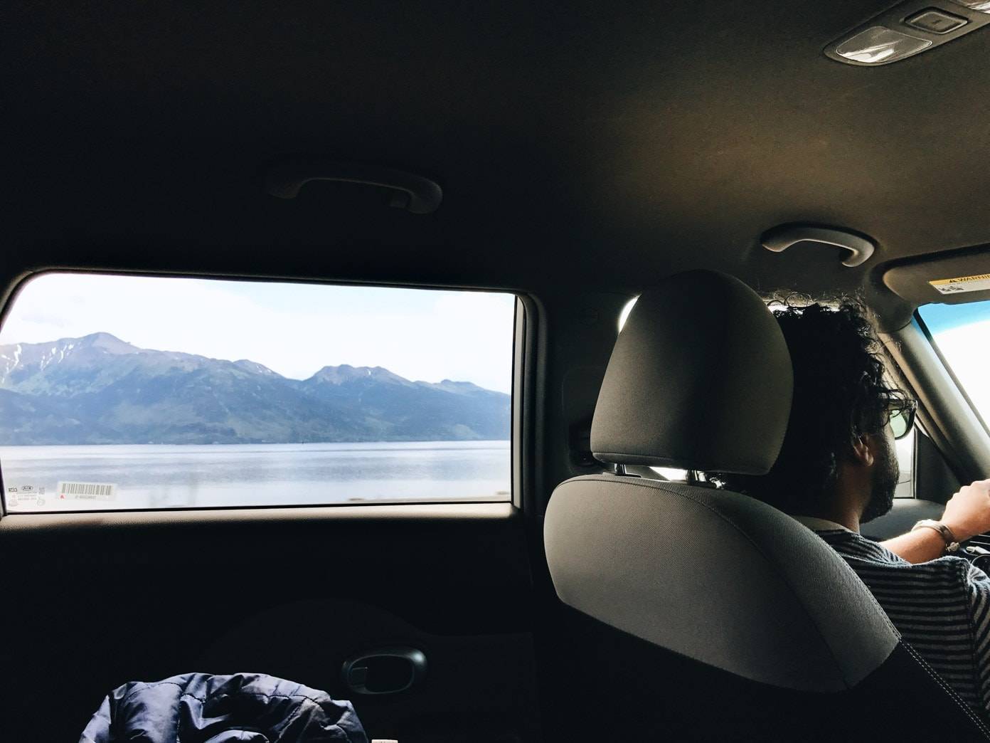 View of mountains out of a car window.