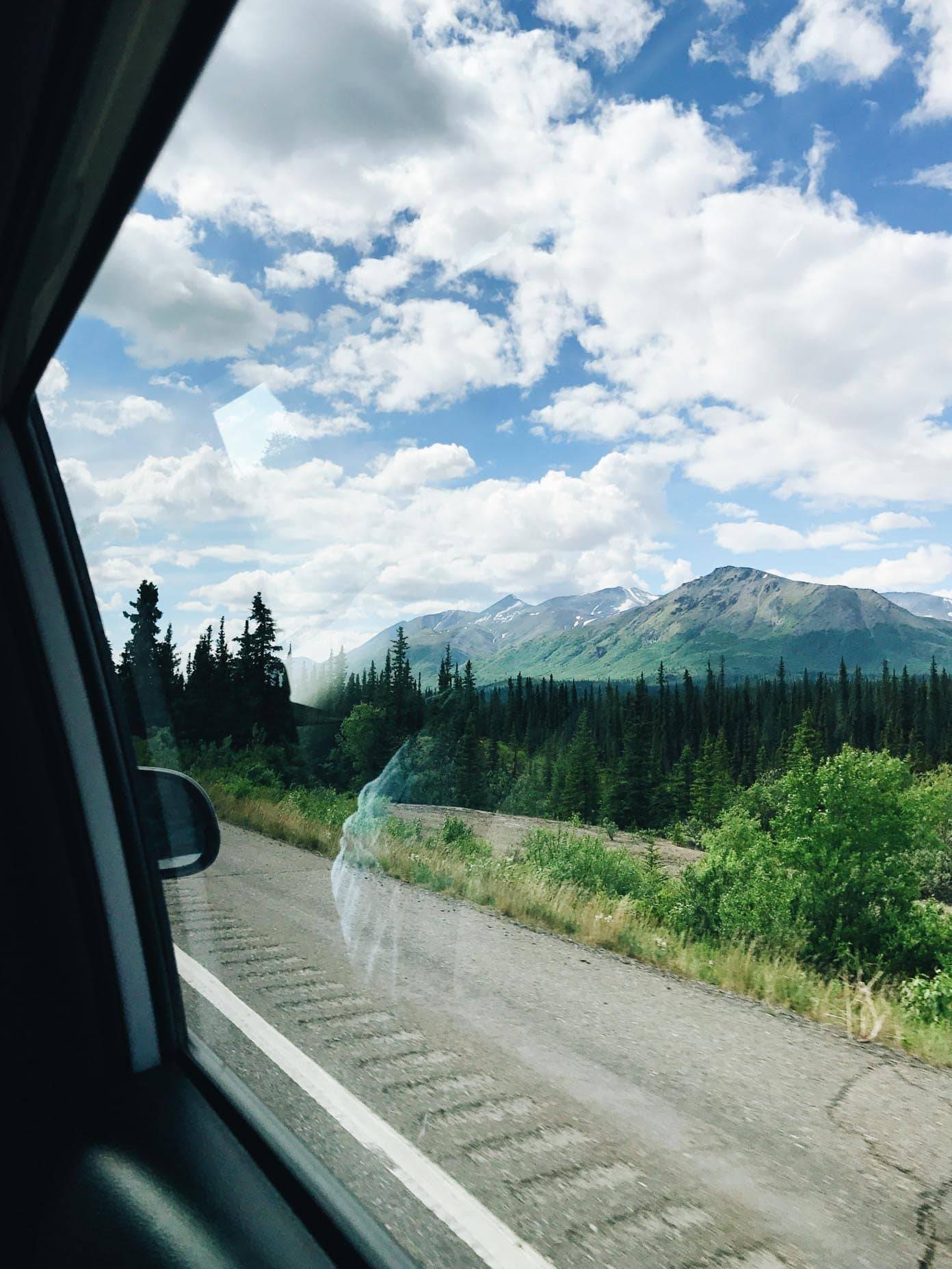 Mountain view from a car window.