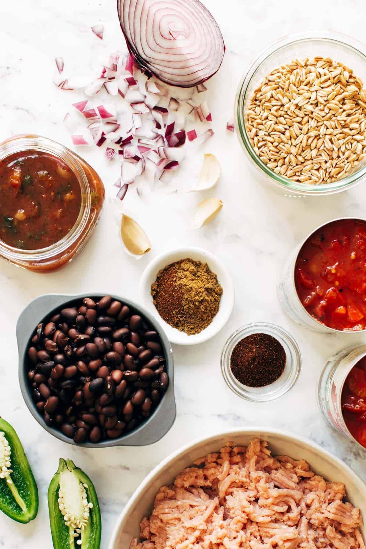 Ingredients in bowls for Ancho Turkey Chili.