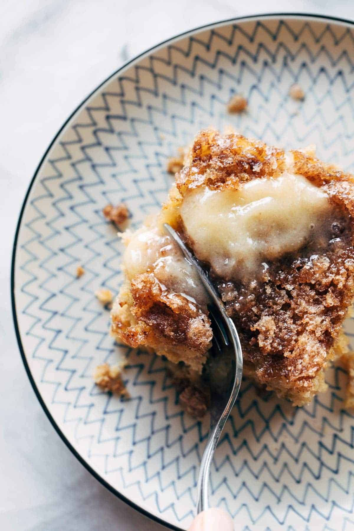 Cinnamon Sugar Apple Cake on a plate with honey butter.