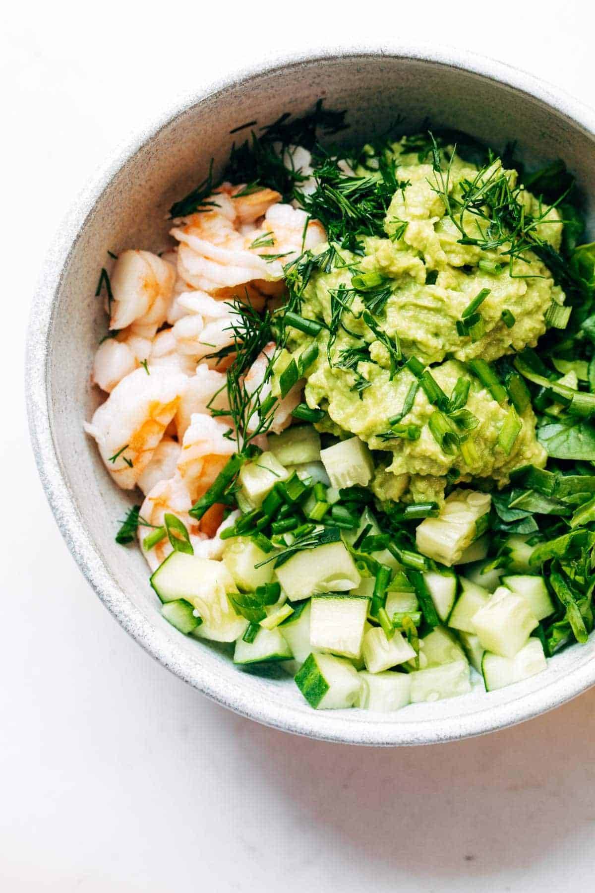 Avocado shrimp salad in a bowl.