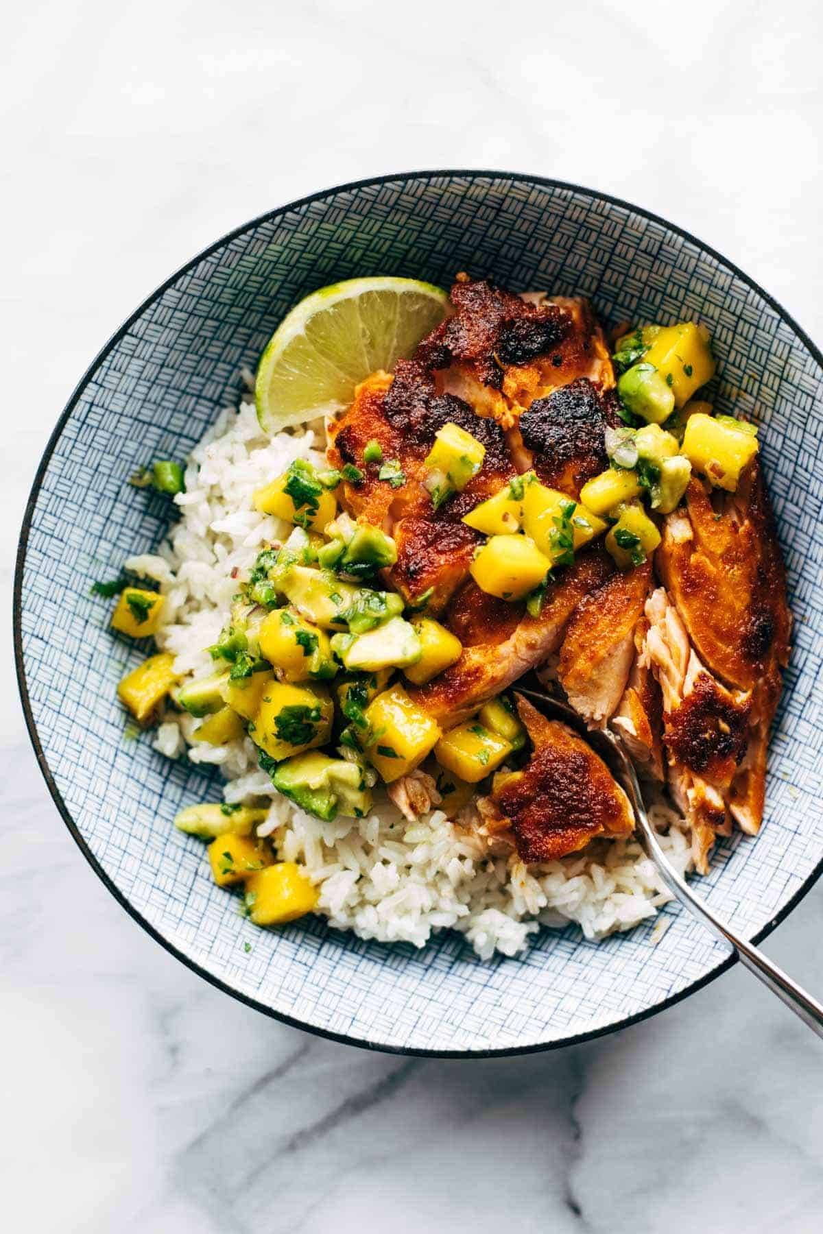 BBQ Salmon Bowl with mango salsa.