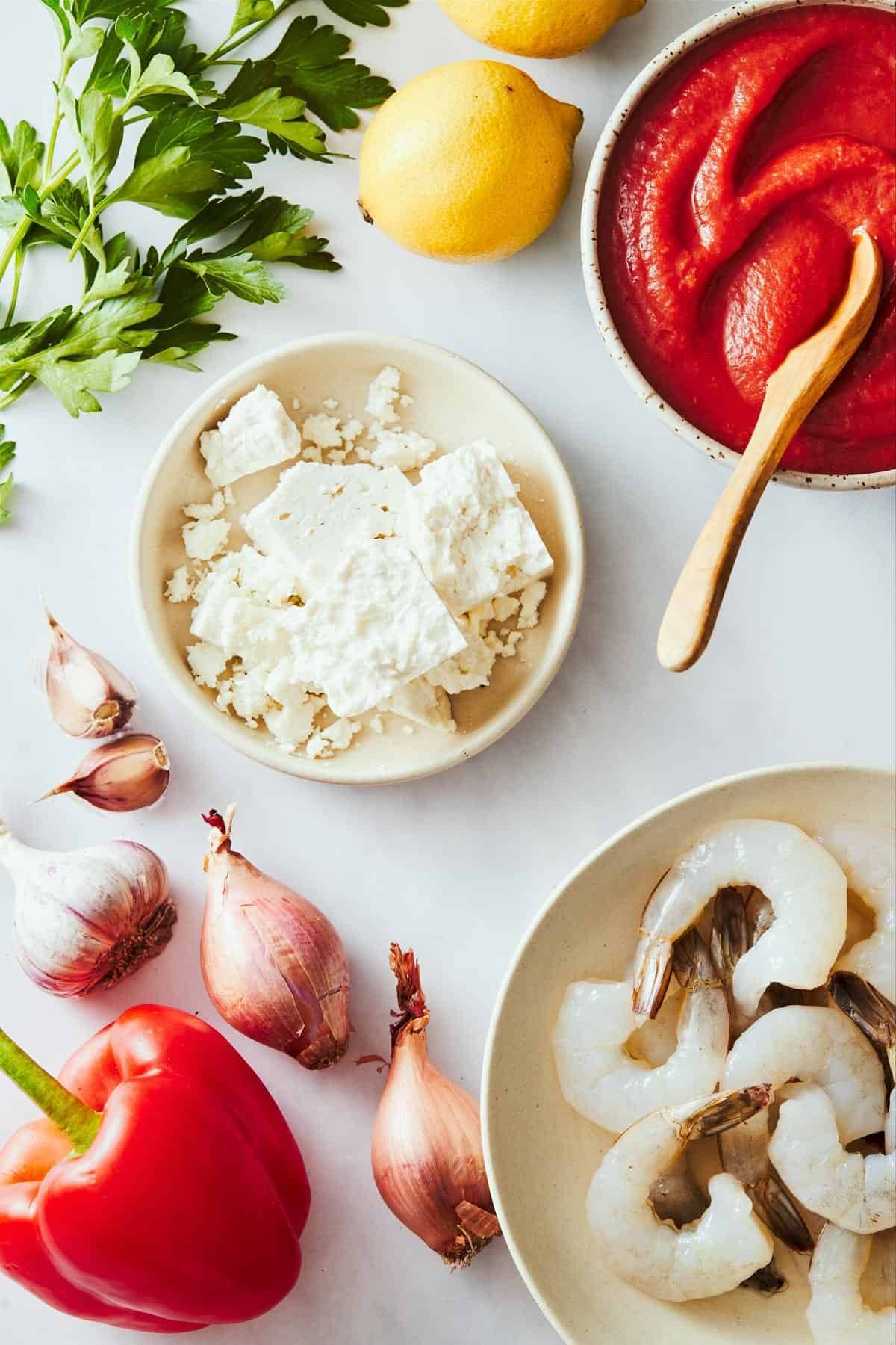 Ingredients for baked shrimp with feta.