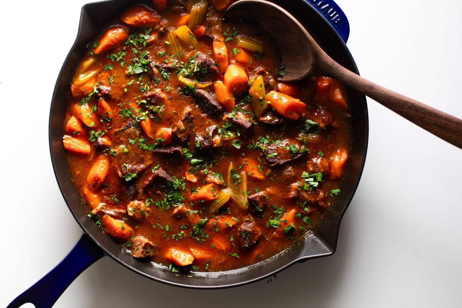 Finished beef stew in a pan.