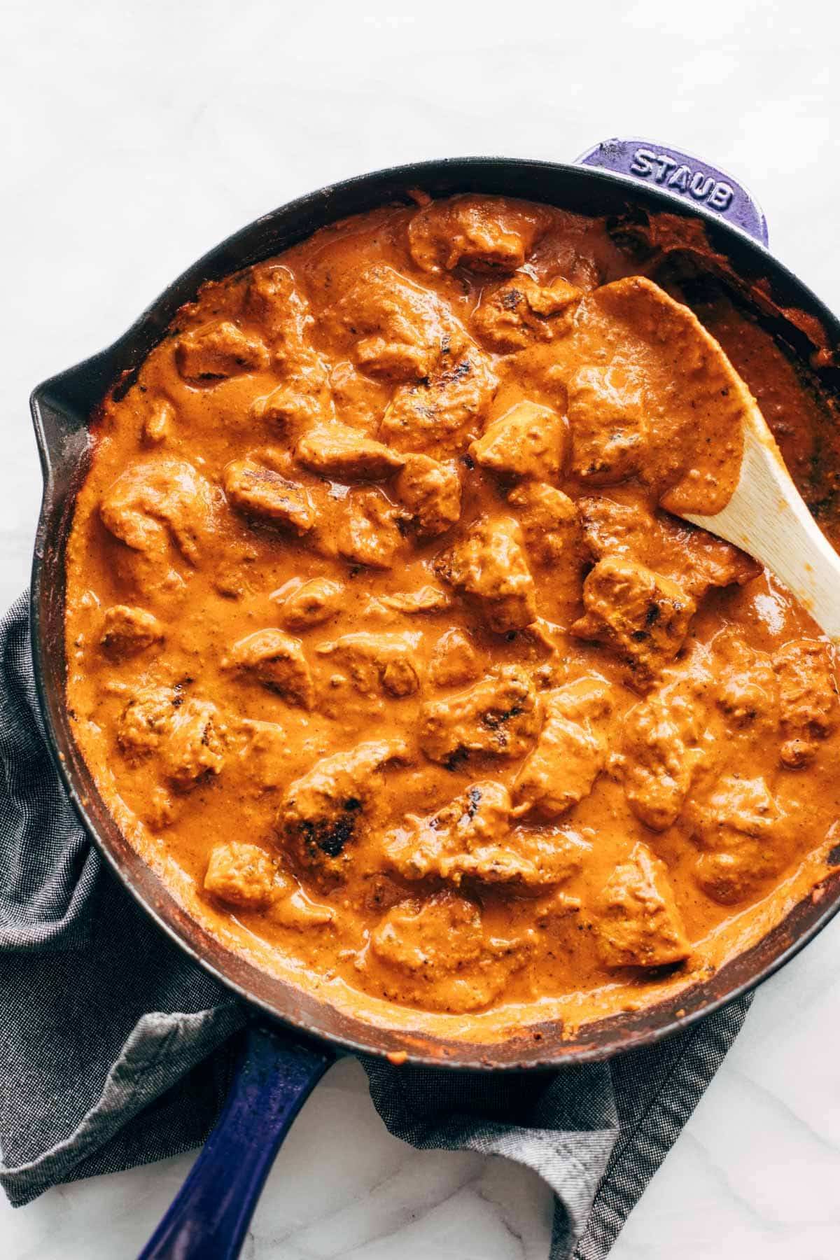 Chicken tikka masala in a pan.