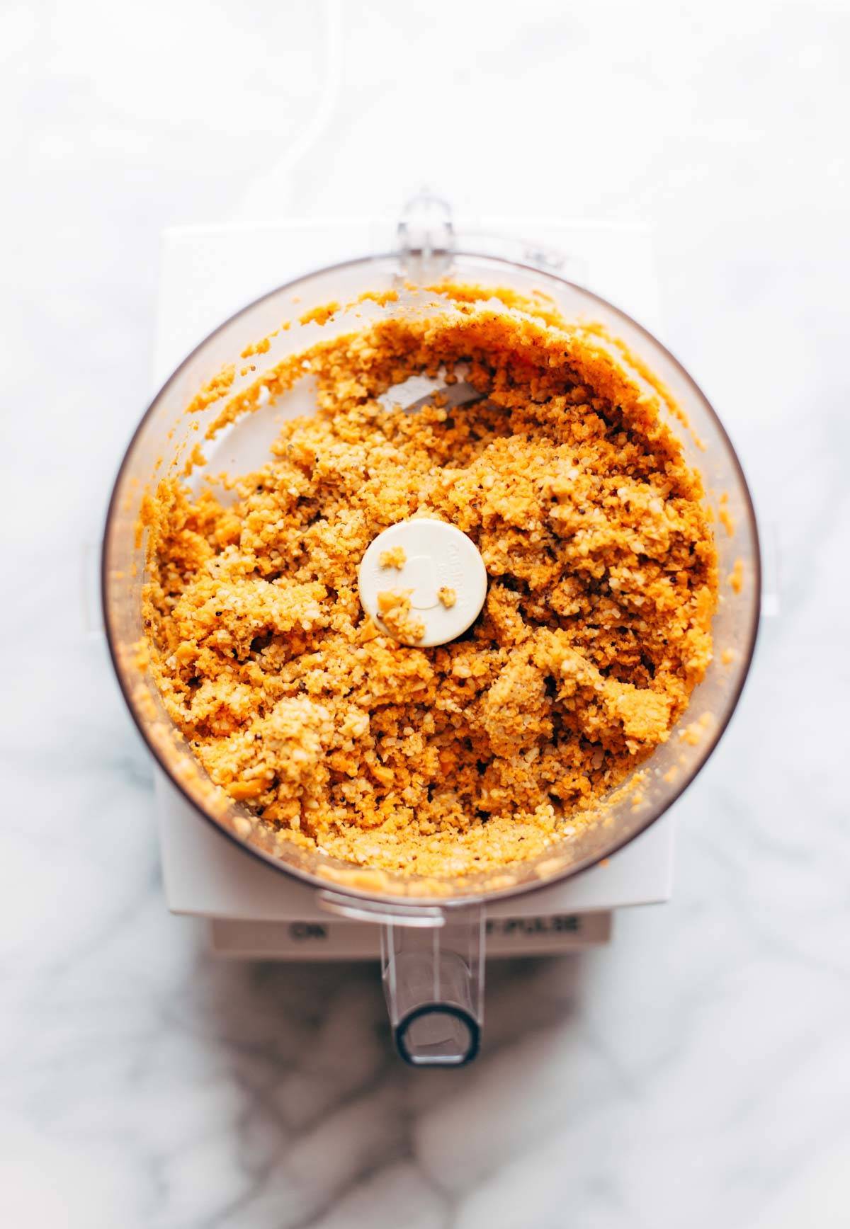 Sweet Potato Falafel ingredients in a food processor.