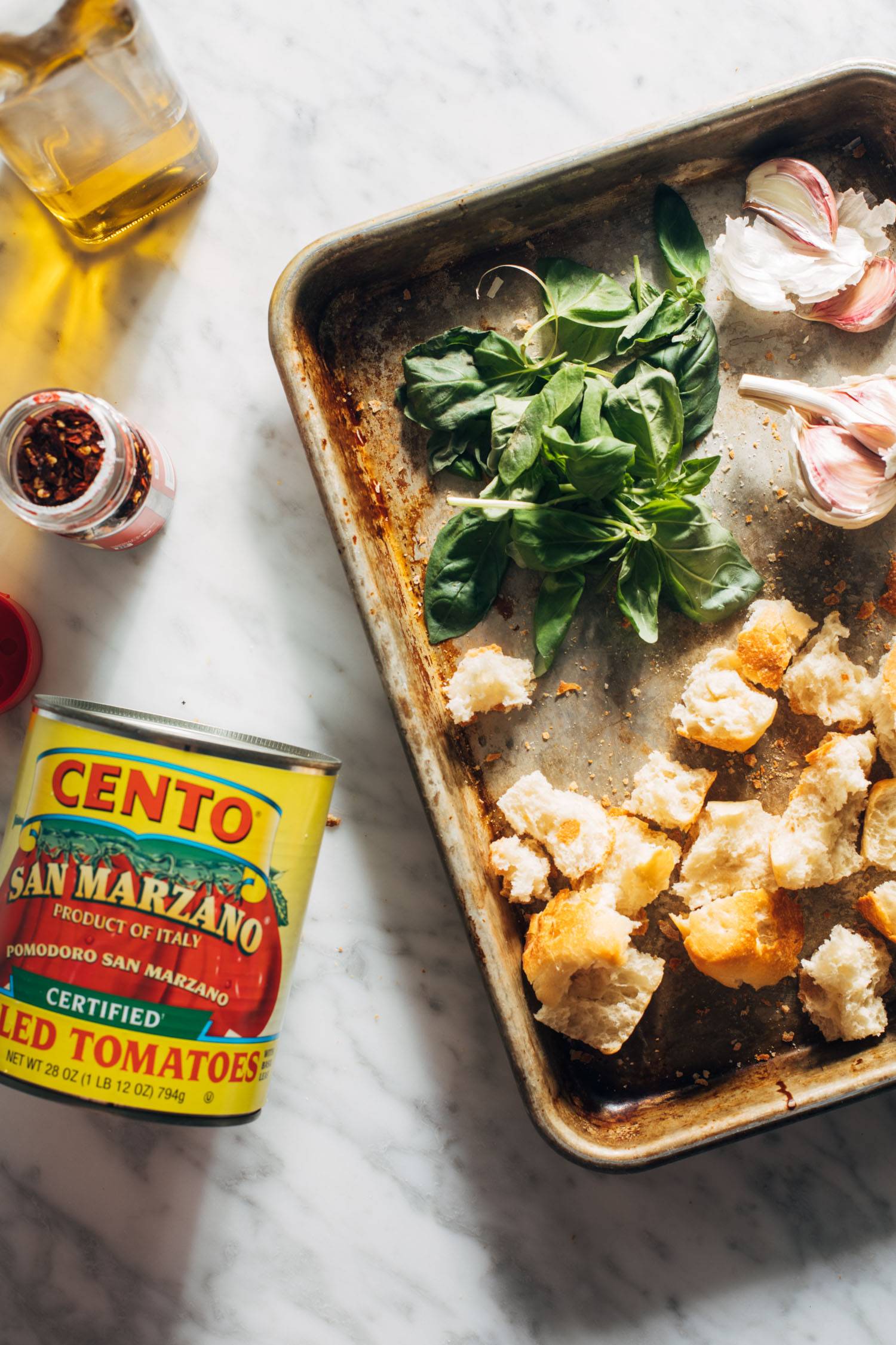 Ingredients laid out for pappa al pomodoro