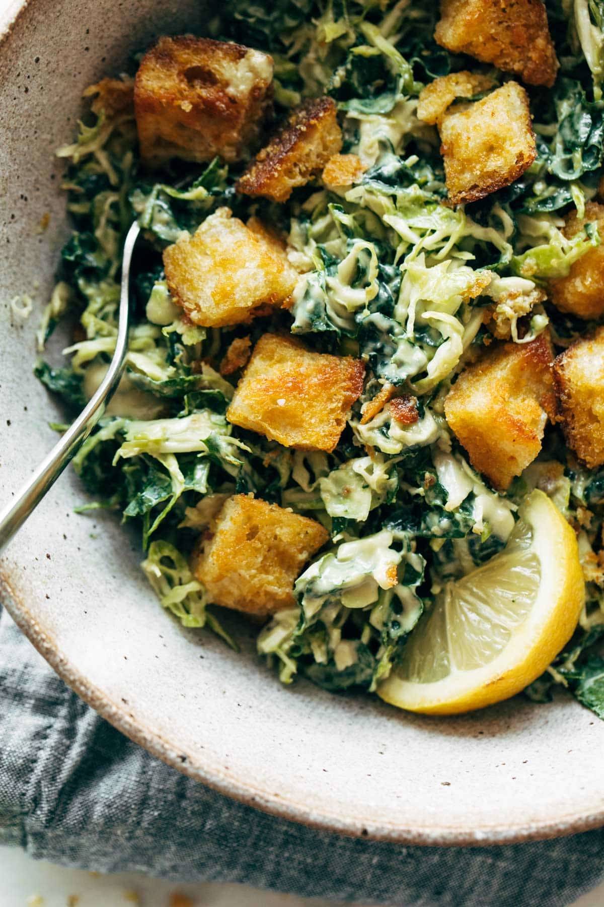 Close up of Brussels & Kale Caesar.