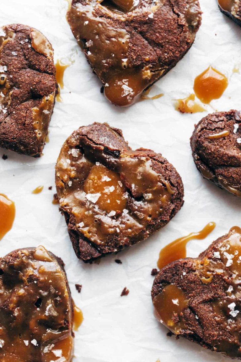 Salted caramel brownies in a heart shape.