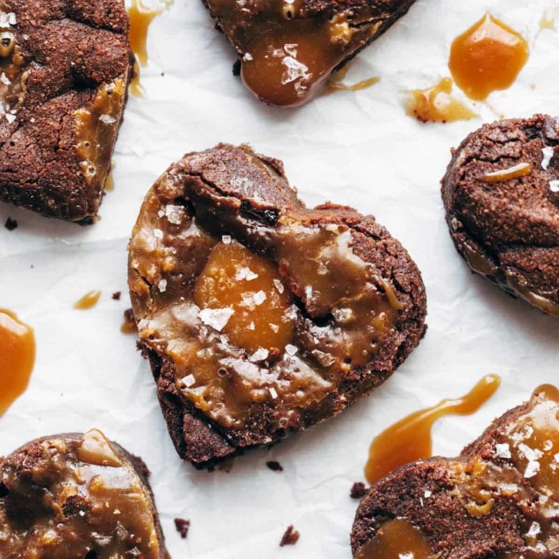 Salted caramel brownies in a heart shape.