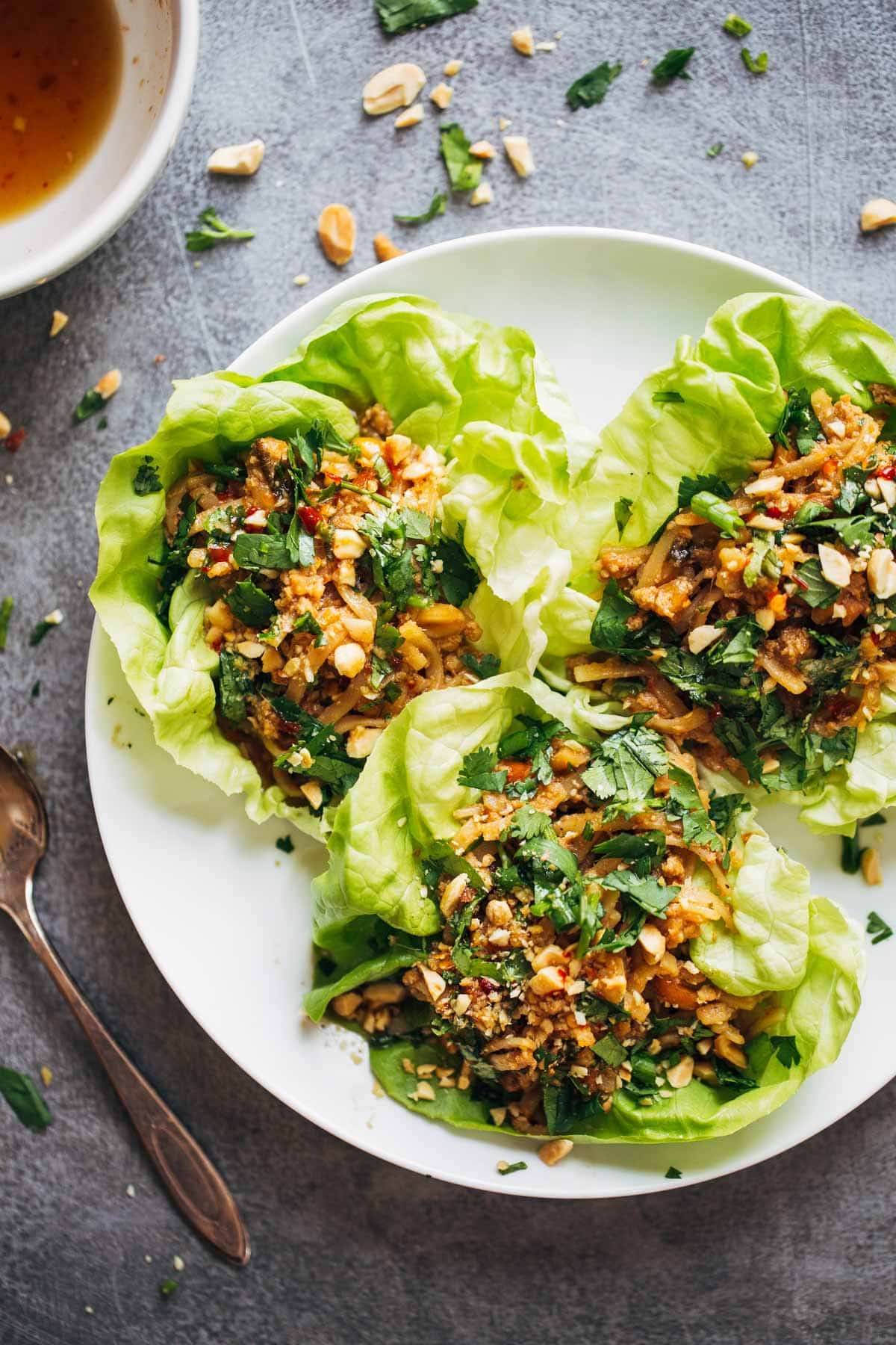 Peanut Chicken Lettuce Wraps with Garlic Ginger Sauce