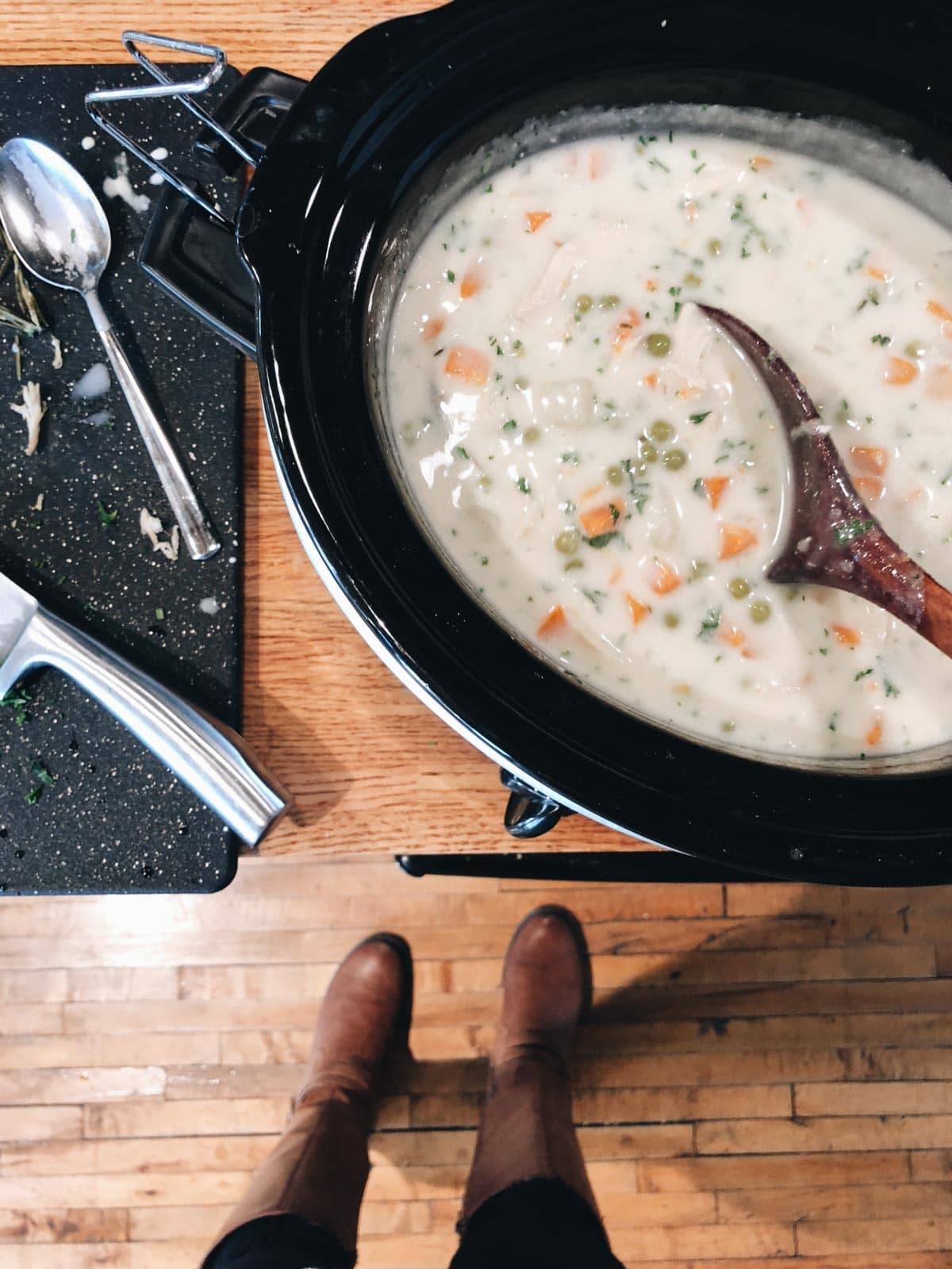 Slow Cooker Chicken Pot Pie Soup in slow cooker.