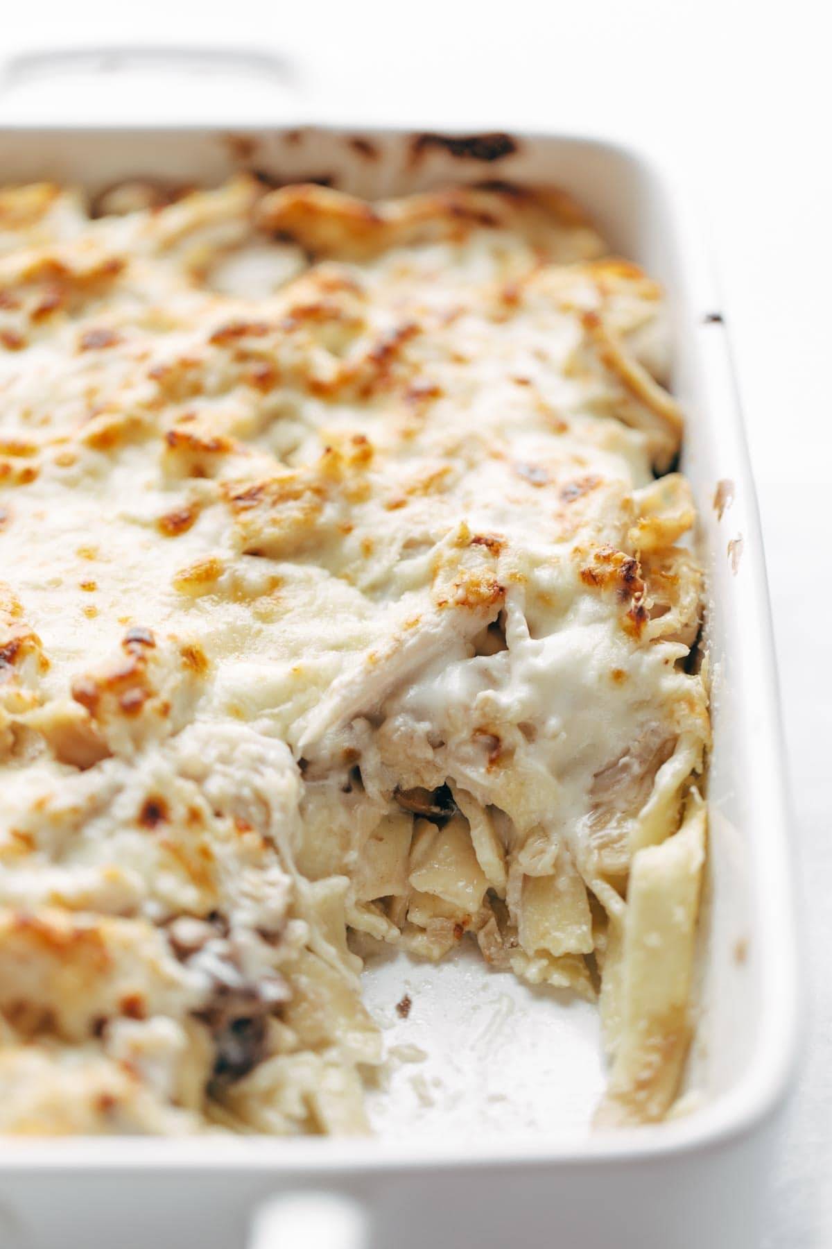 Chicken Tetrazzini in a pan.