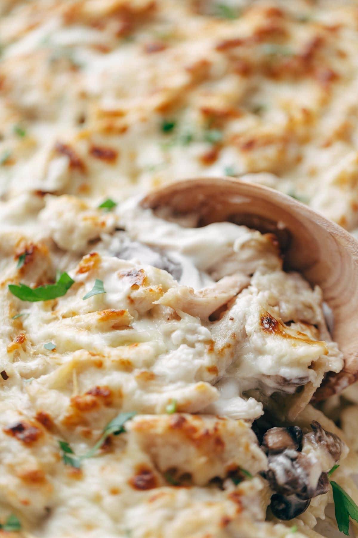 Chicken Tetrazzini with a wooden spoon.