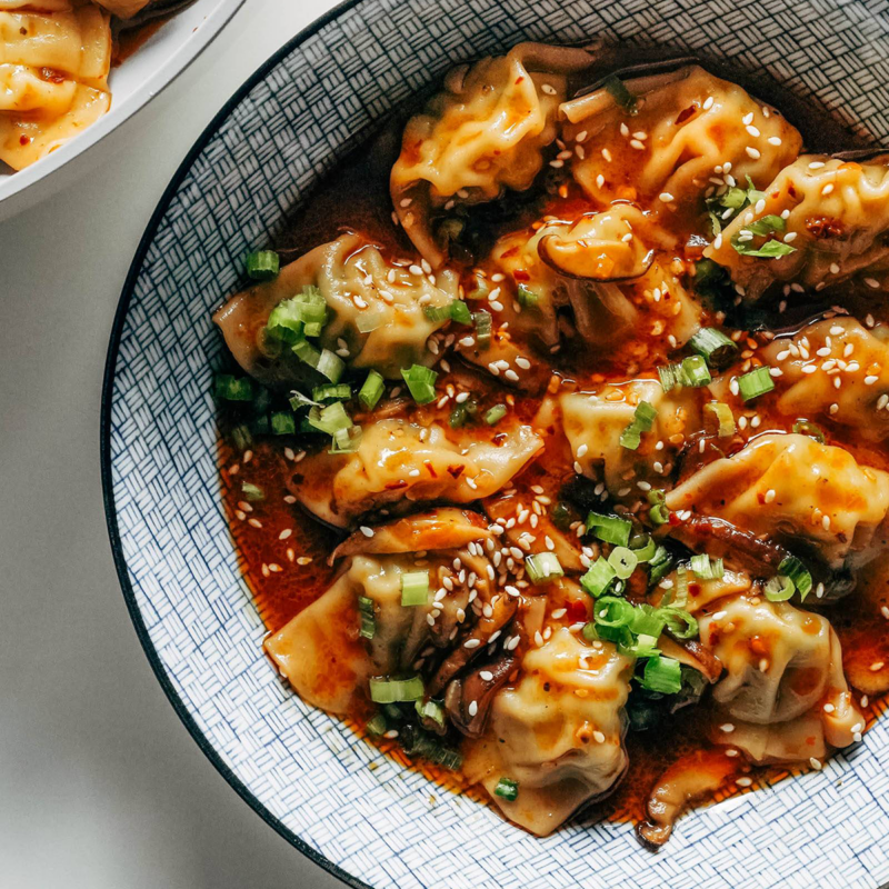 chicken wonton in spicy chili sauce.