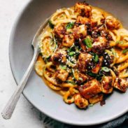 Spicy Sesame Zoodles with Crispy Tofu in bowl.