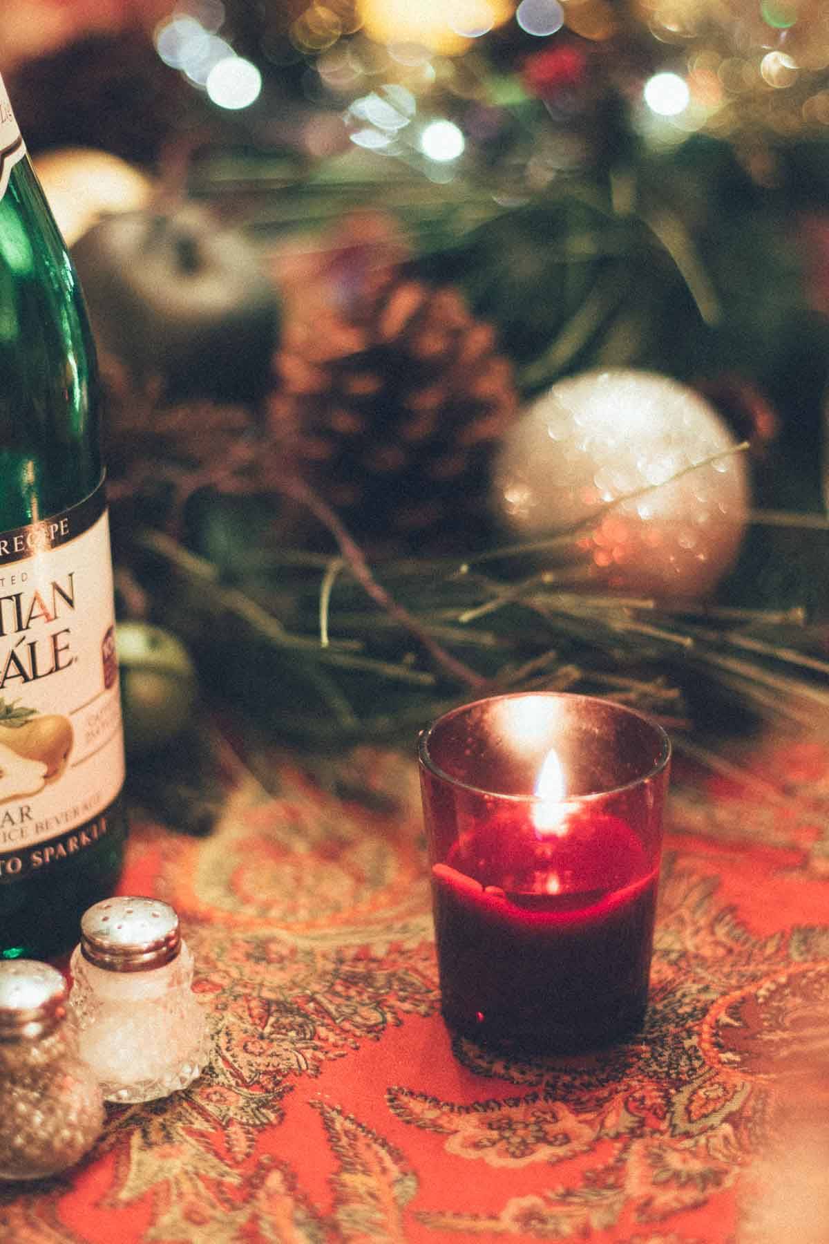 Table with Christmas decor.