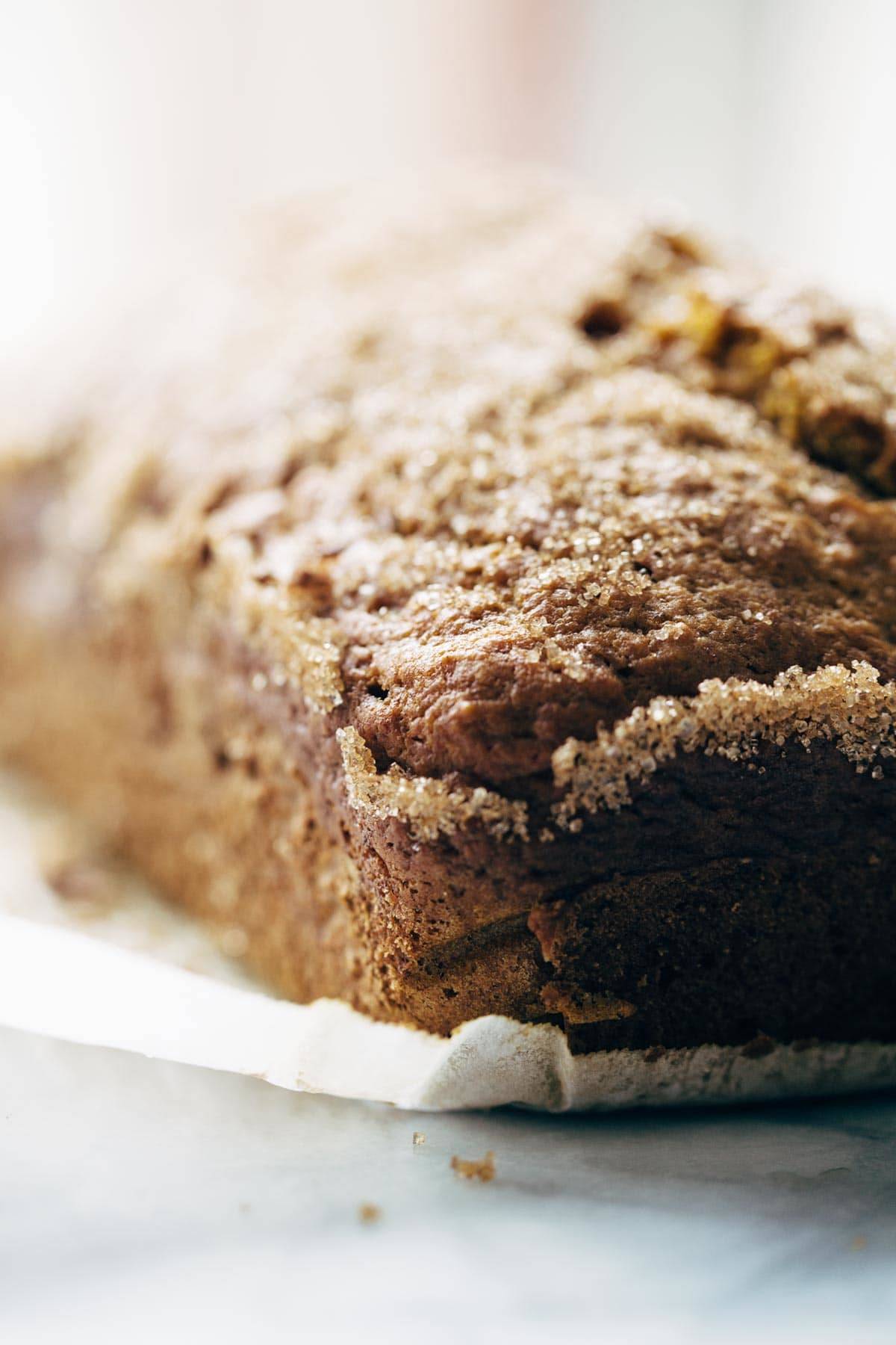 Pumpkin bread on parchment after baking.