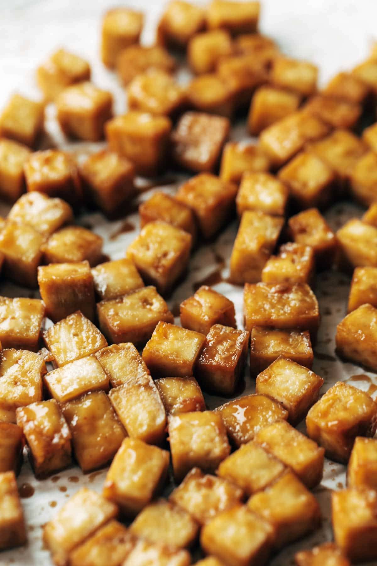 Baked tofu on sheet pan.