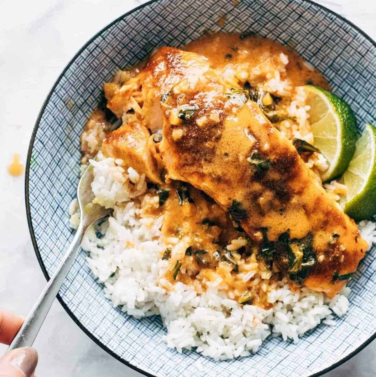 Salmon and rice in a bowl coated in curry sauce.