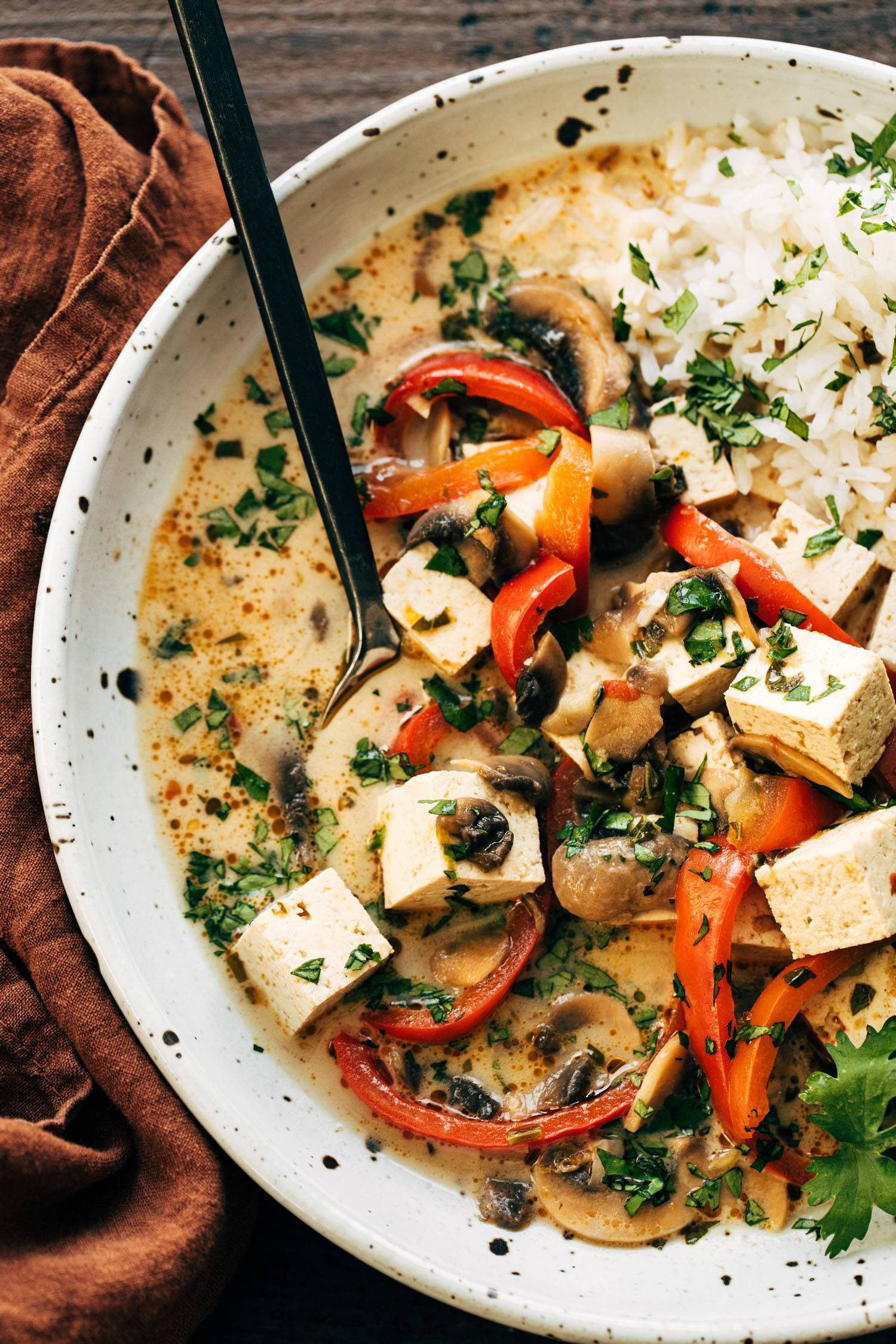 Thai Coconut Soup in a bowl with tofu and rice. 