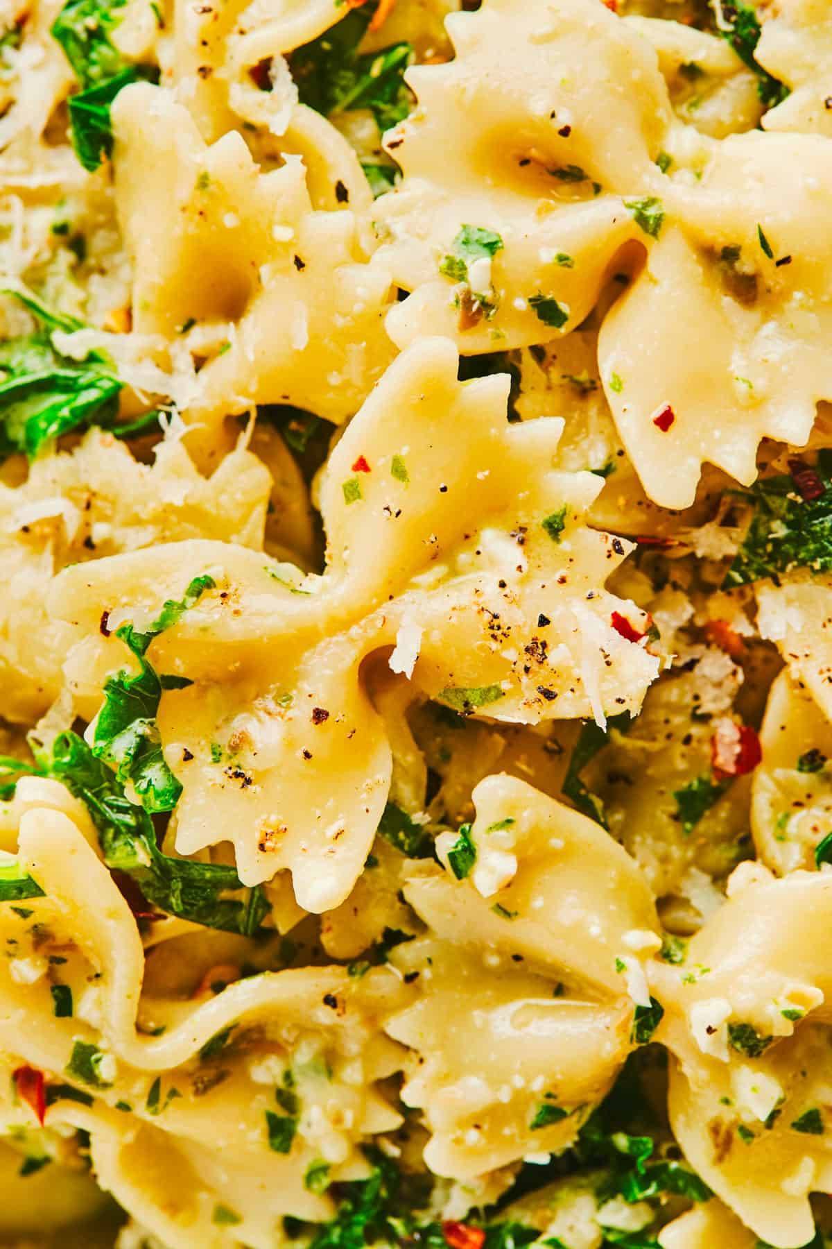 Close-up of Creamy Kale Pasta noodles.