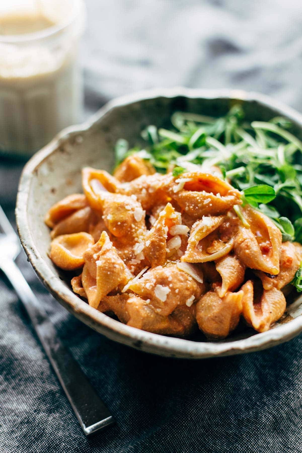 Three Ingredient Creamy Tomato Shells in a bowl.