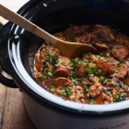 Creole chicken in a large crockpot.