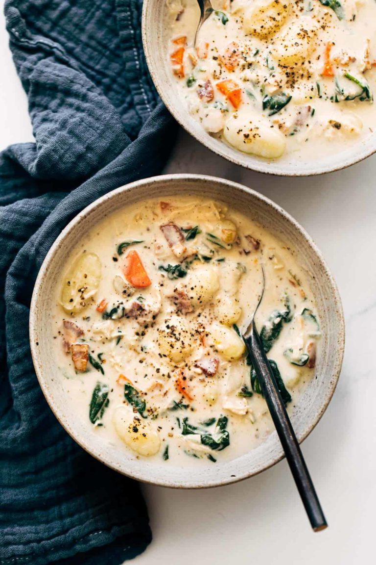 Chicken gnocchi soup in a bowl.