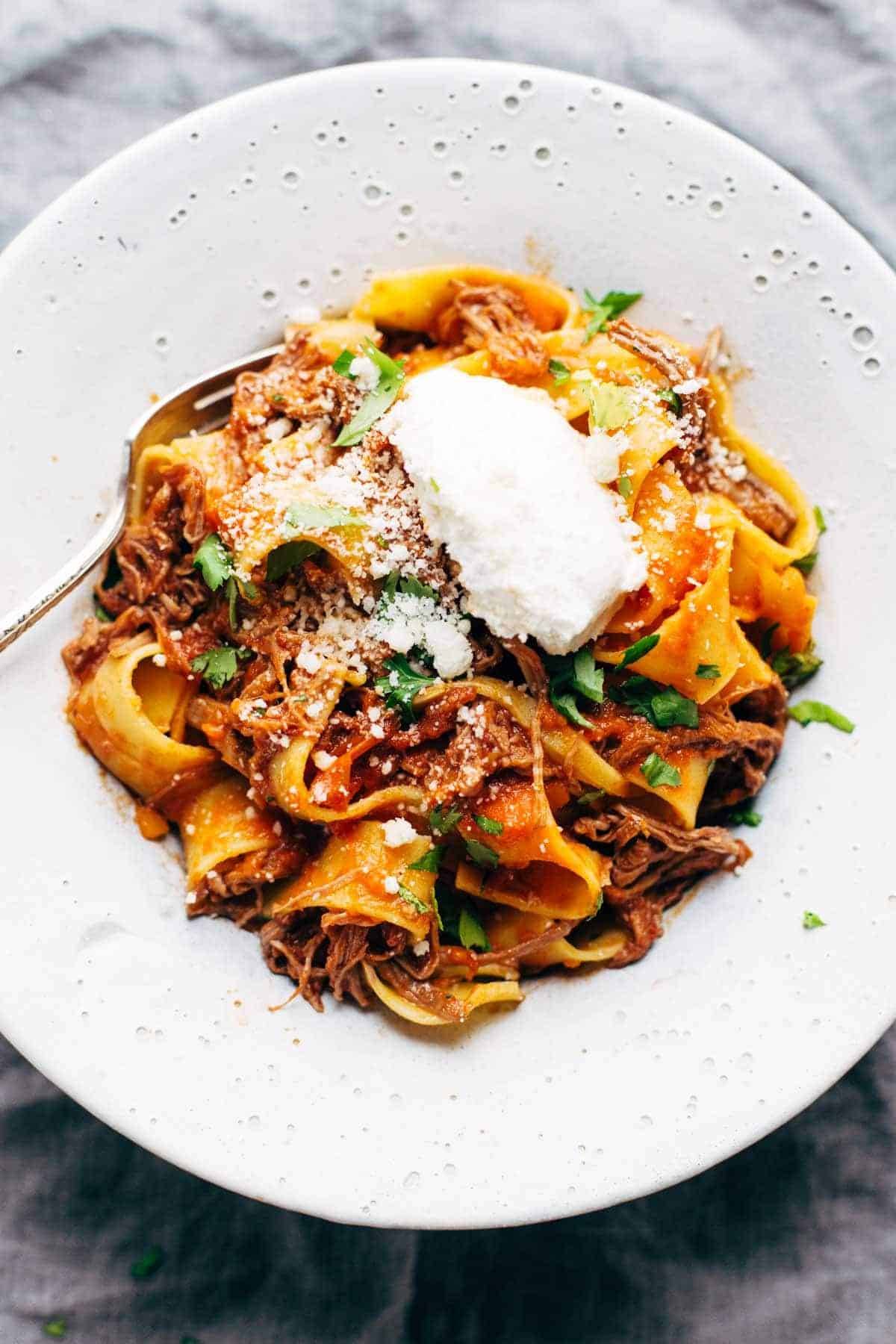 Slow Cooker Beef Ragu with Pappardelle in a bowl.