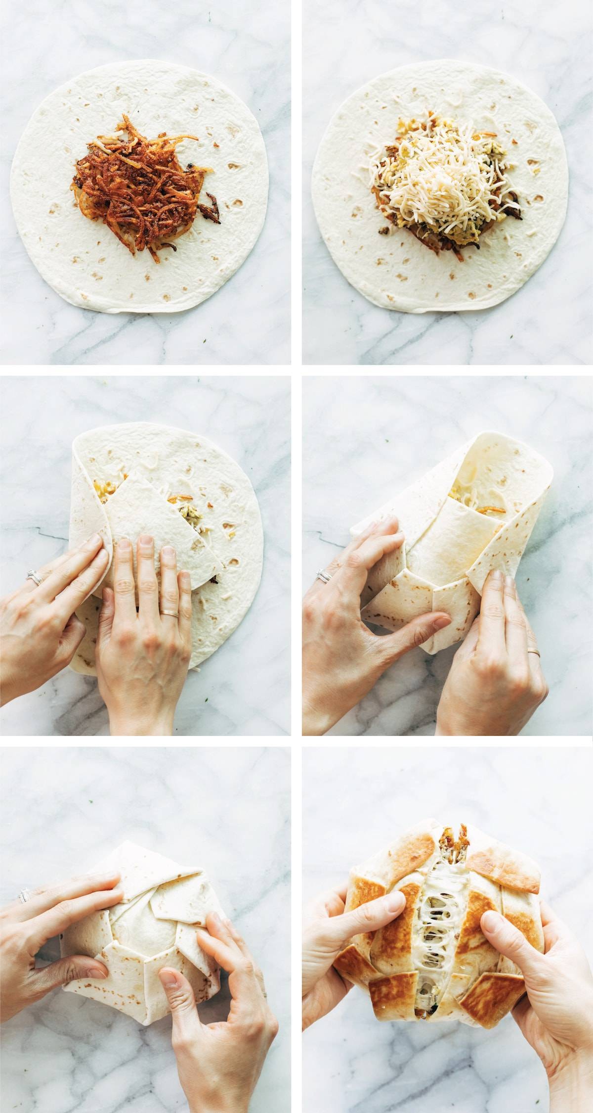 Steps to make a breakfast crunchwrap.