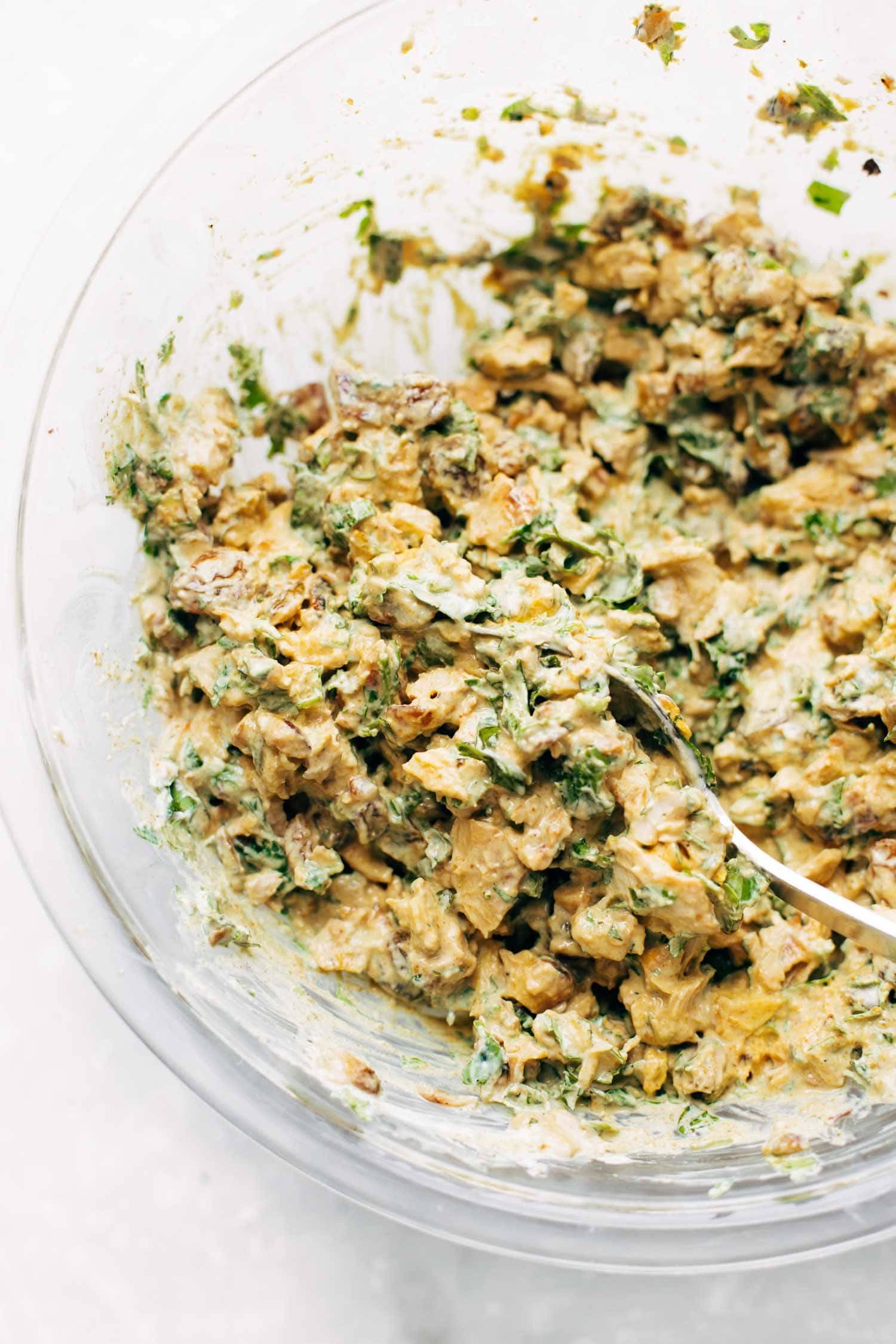 Curry Chicken Salad ingredients in a bowl.