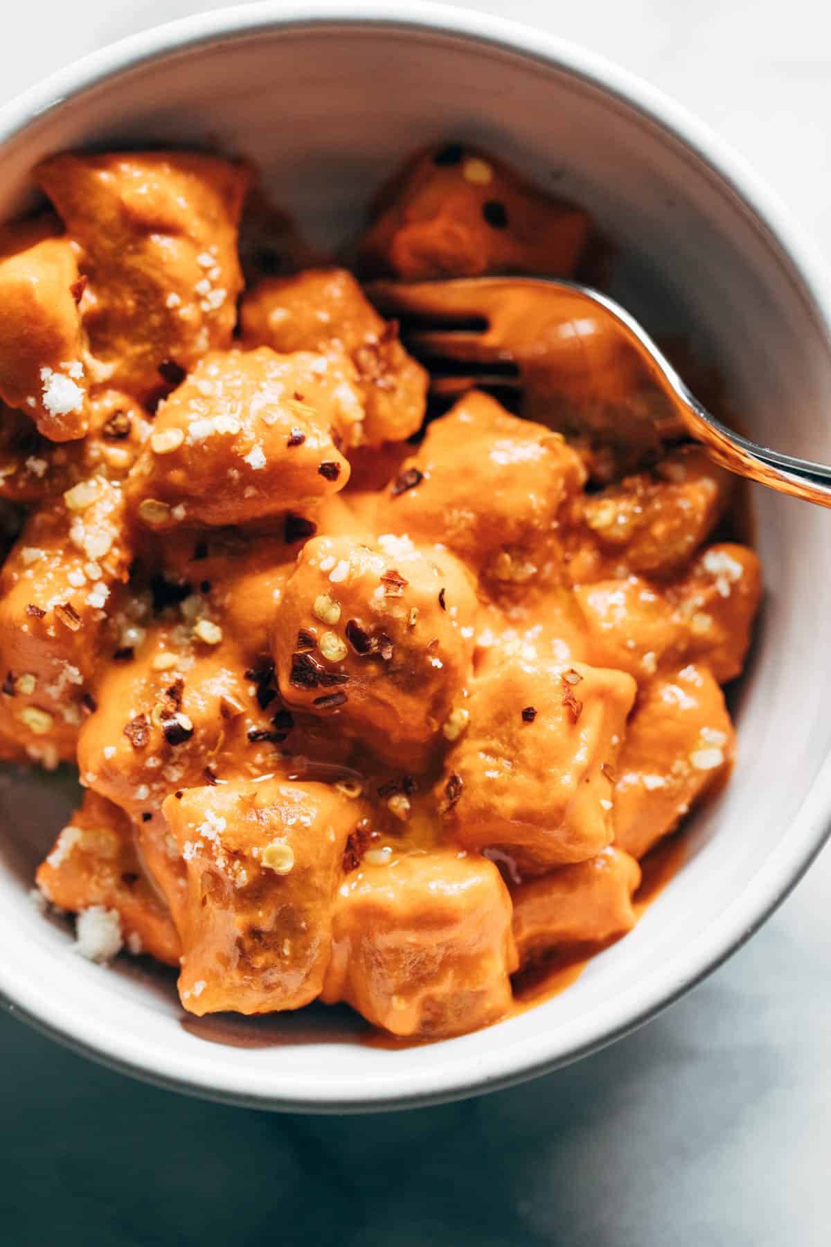 Cauliflower gnocchi with vodka sauce in a bowl.