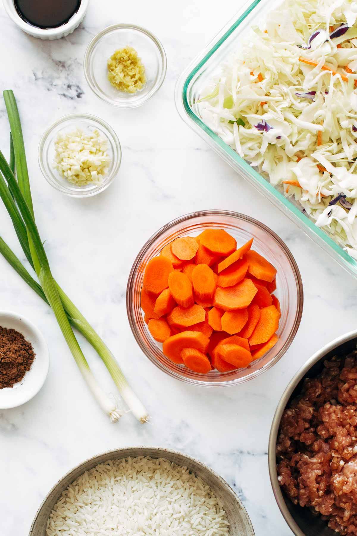 Ingredients for Egg Roll Bowls.