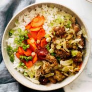 Ground pork, cabbage, and carrots on white rice.