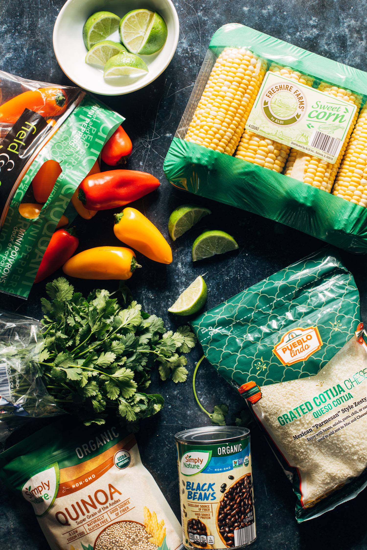 Ingredients for elote quinoa salad