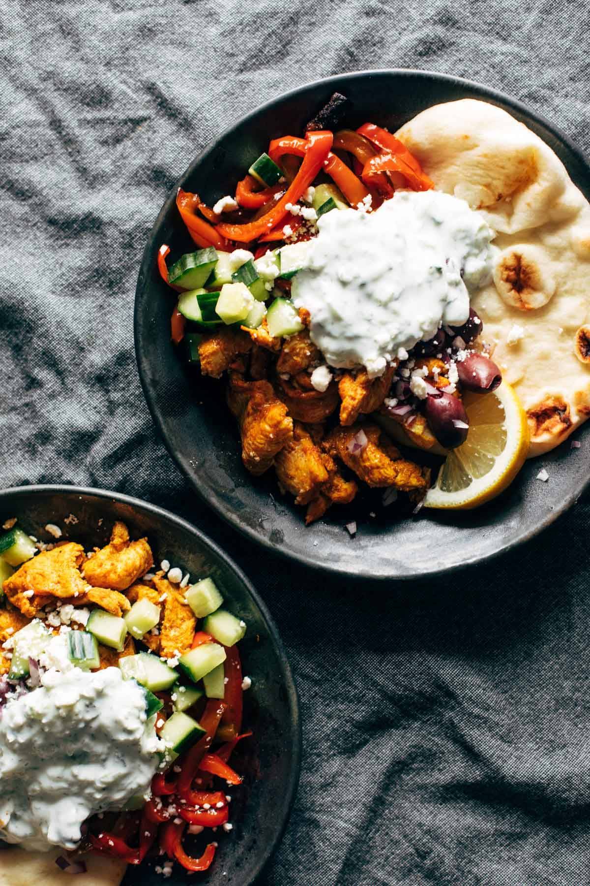 Sheet pan chicken pitas in bowls.