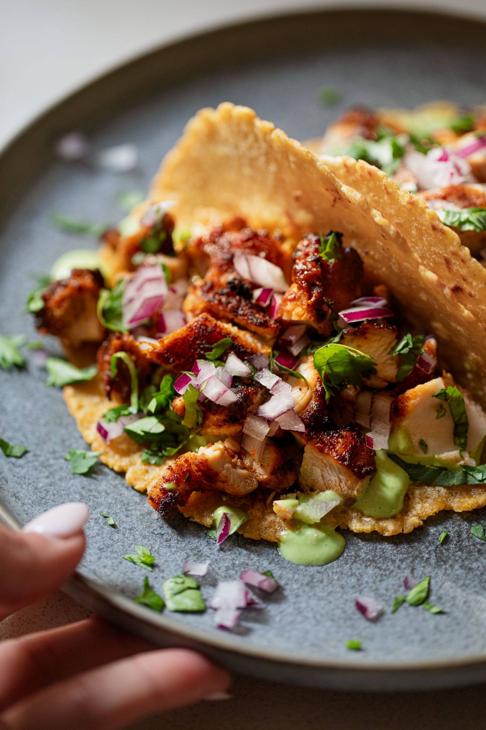 Chicken tacos on a plate drizzled with green sauce, cilantro, and red onion.