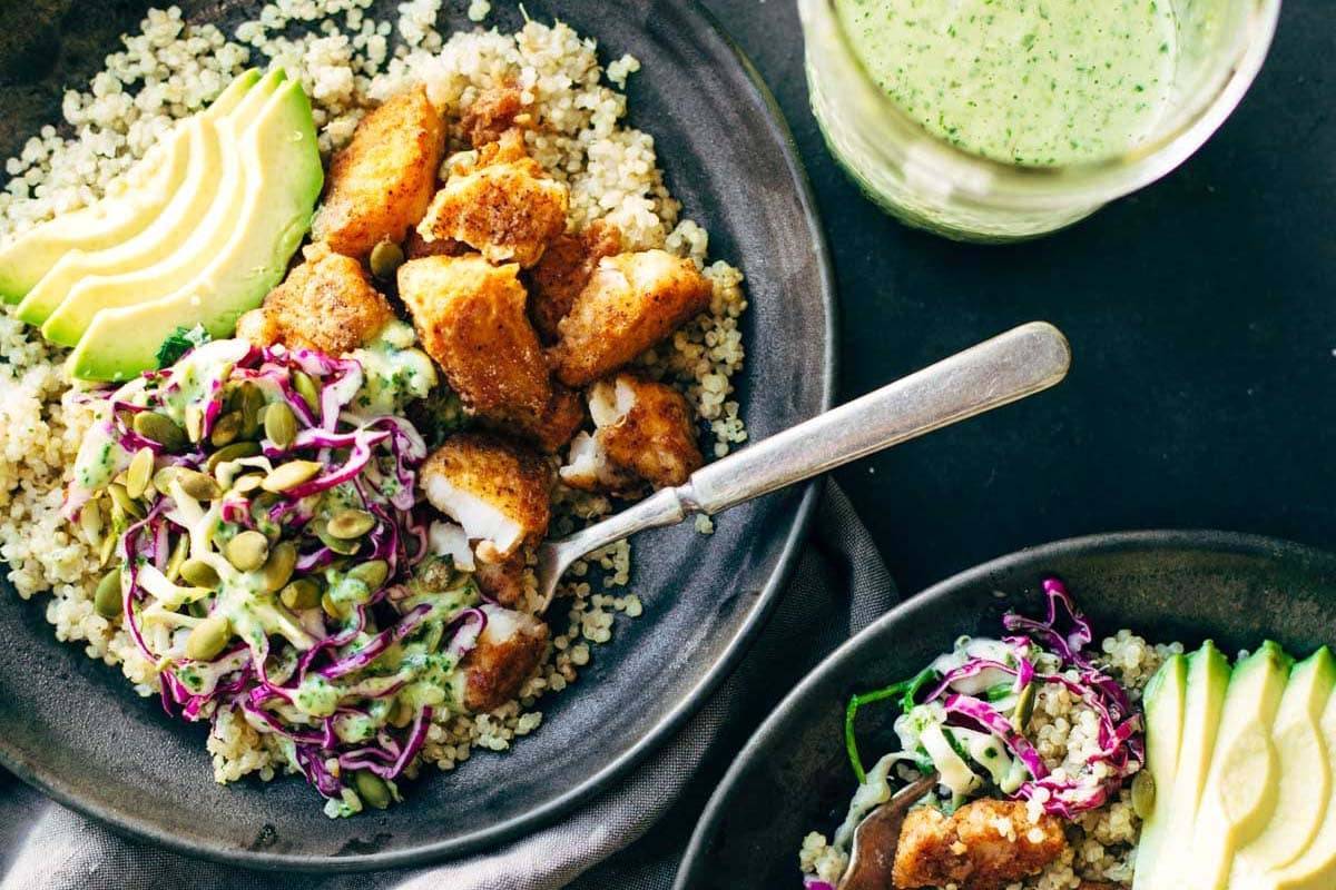 Spicy Fish Taco Bowls | pinchofyum.com