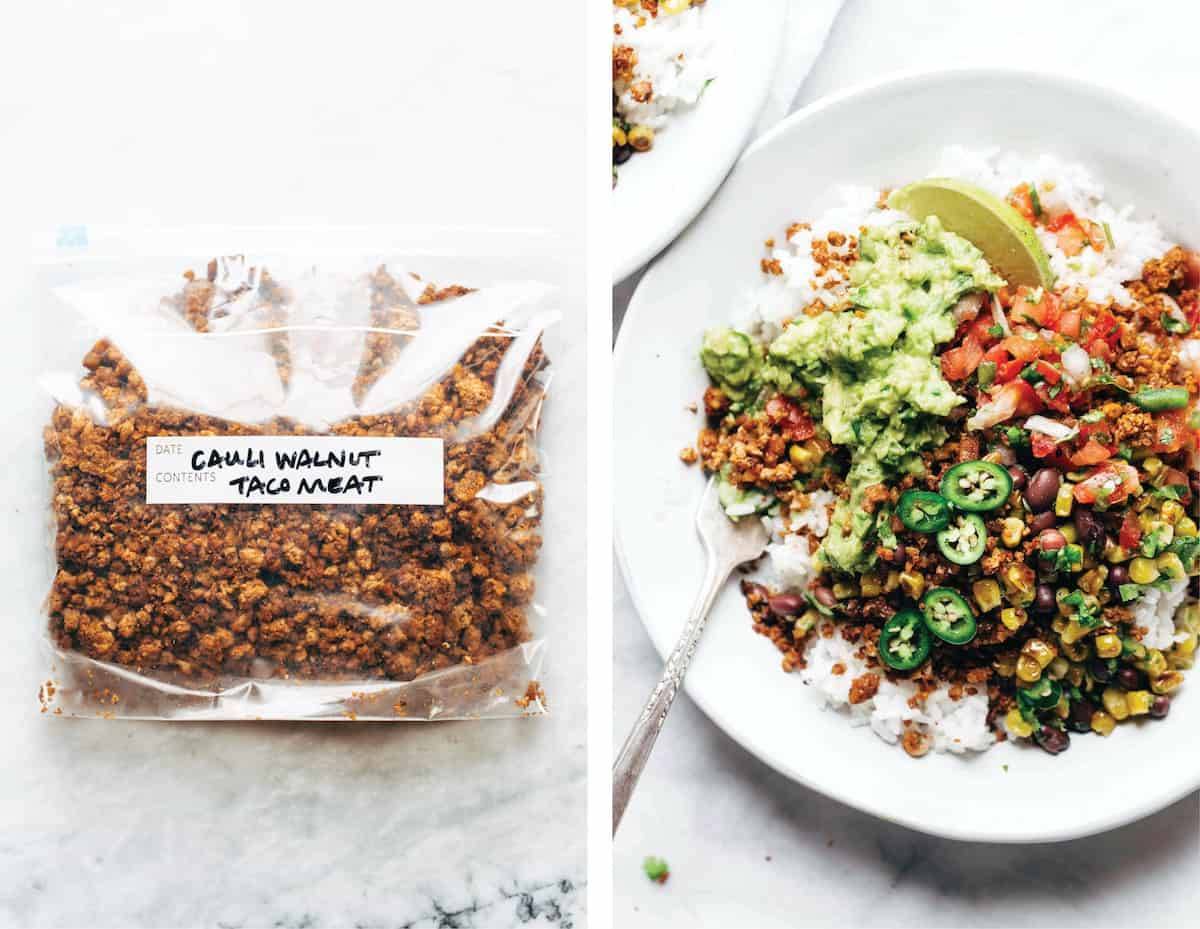 One packet of cauli walnut taco meat and a plate full of rice and vegetables with a spoon in it.