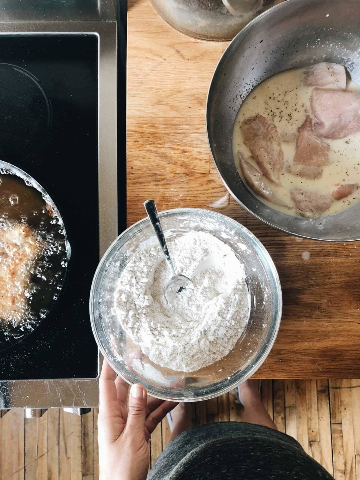 Batter for fried chicken sandwiches.