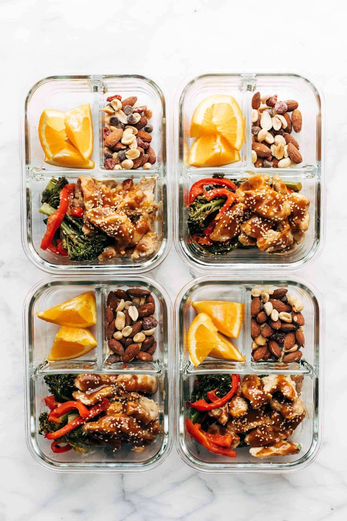 Garlic ginger chicken in meal prep containers.