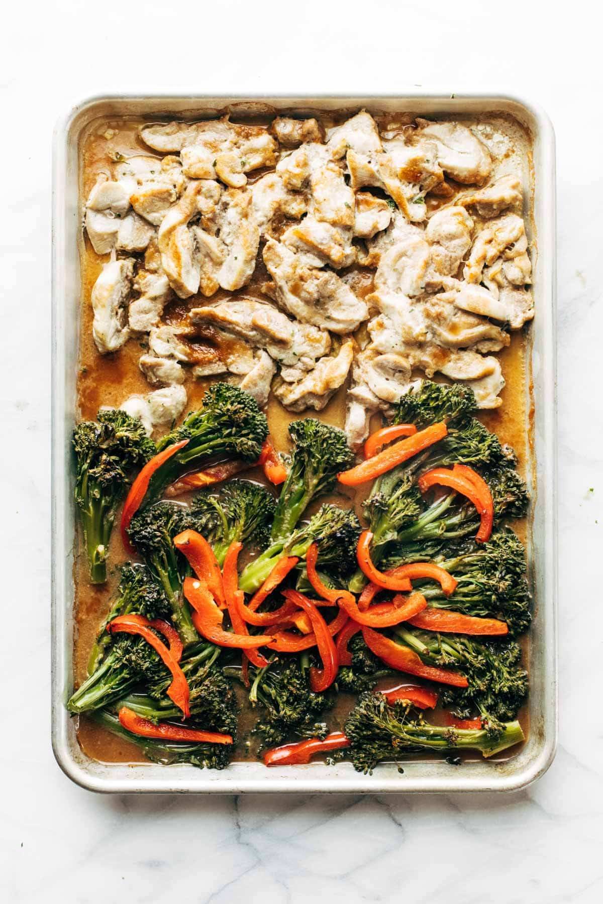 Chicken and veggies on a sheet pan.