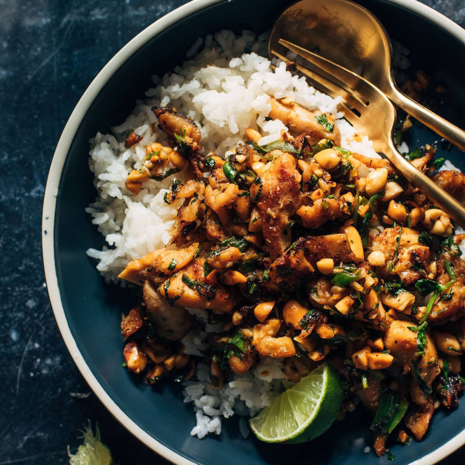 Chicken and coconut rice in a bowl.