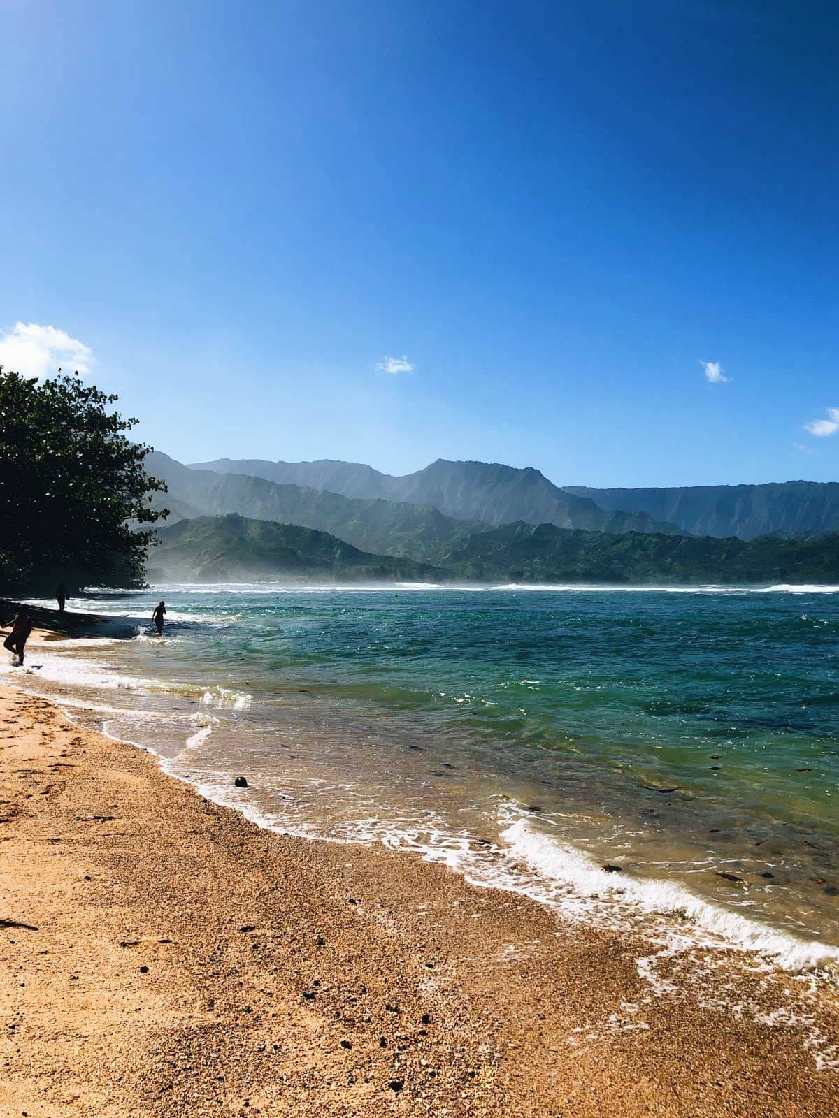 Ocean shore and mountains.