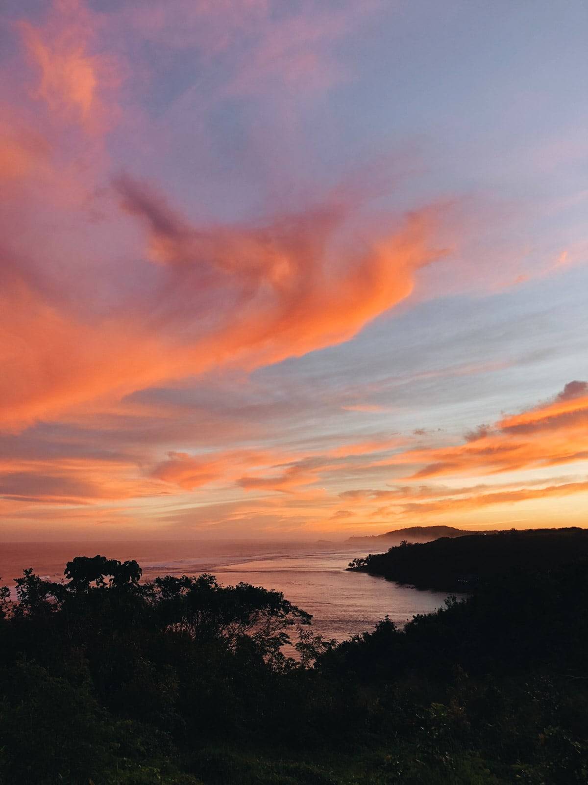 Sunset over the ocean and trees.